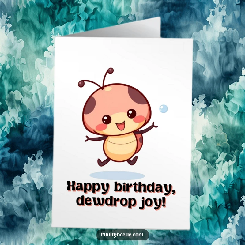 Funny Free Printable Birthday Card: Joyful ladybug skipping with a dewdrop, exuding pure happiness and birthday fun, a charming downloadable.