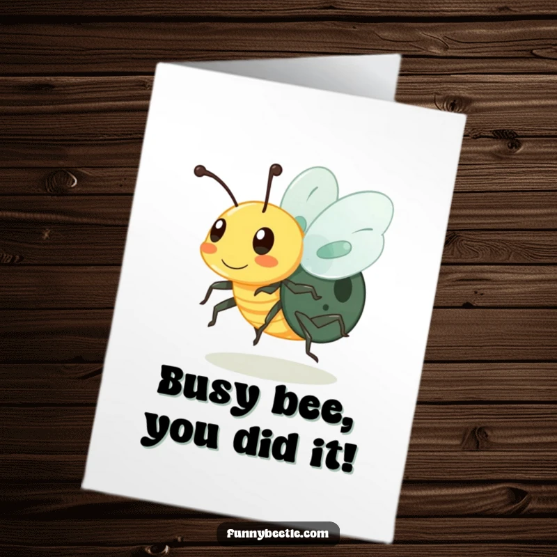Funny free printable congratulations card depicting a busy beetle with blurred legs, a dynamic downloadable greeting for success.