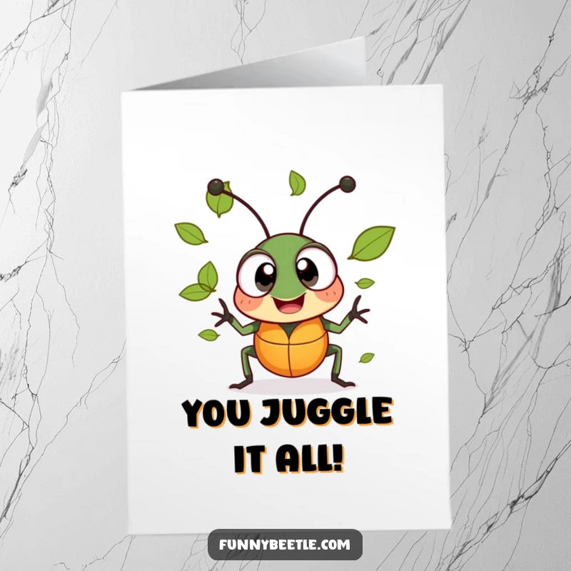 Funny Free Printable Congratulations Card: Cheerful beetle juggling tiny leaves, symbolizing skillful accomplishment.