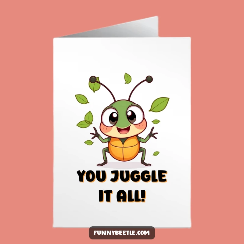 Free Printable Congrats Card: Cheerful Beetle Juggling Success Hilarious Downloadable Gift