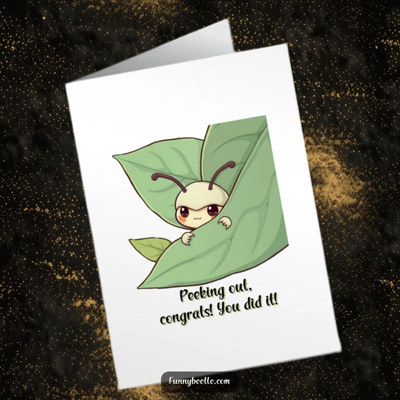 Funny free printable congratulations card with a shy beetle peeking from a leaf, a sweet downloadable greeting.