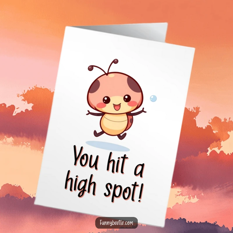 Funny Free Printable Congratulations Card: Happy ladybug skipping joyfully with a dewdrop, symbolizing cheerful congratulations and bright futures, a downloadable.