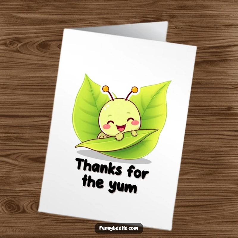 Funny Free Printable Thank You Card featuring a cheerful caterpillar munching on a leaf, expressing thanks.