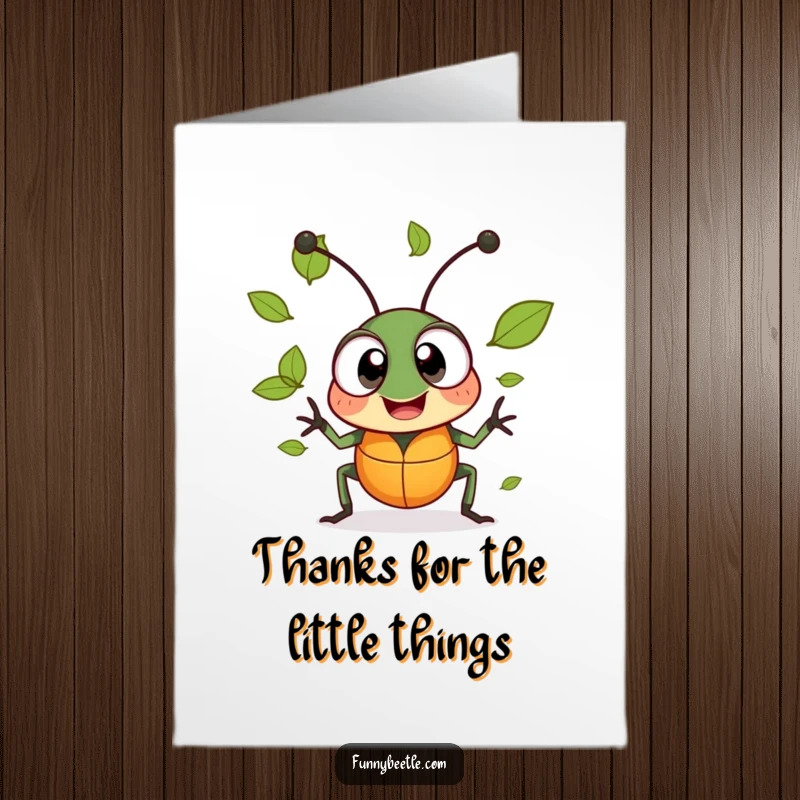 Funny Free Printable Thank You Card: Cheerful beetle juggling tiny leaves, conveying unique and happy thanks.