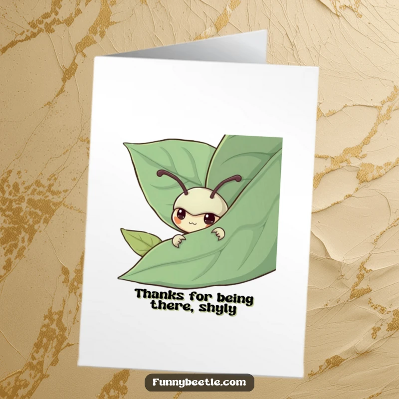 Funny free printable thank you card featuring a shy beetle peeking from behind a leaf, a tender downloadable message.