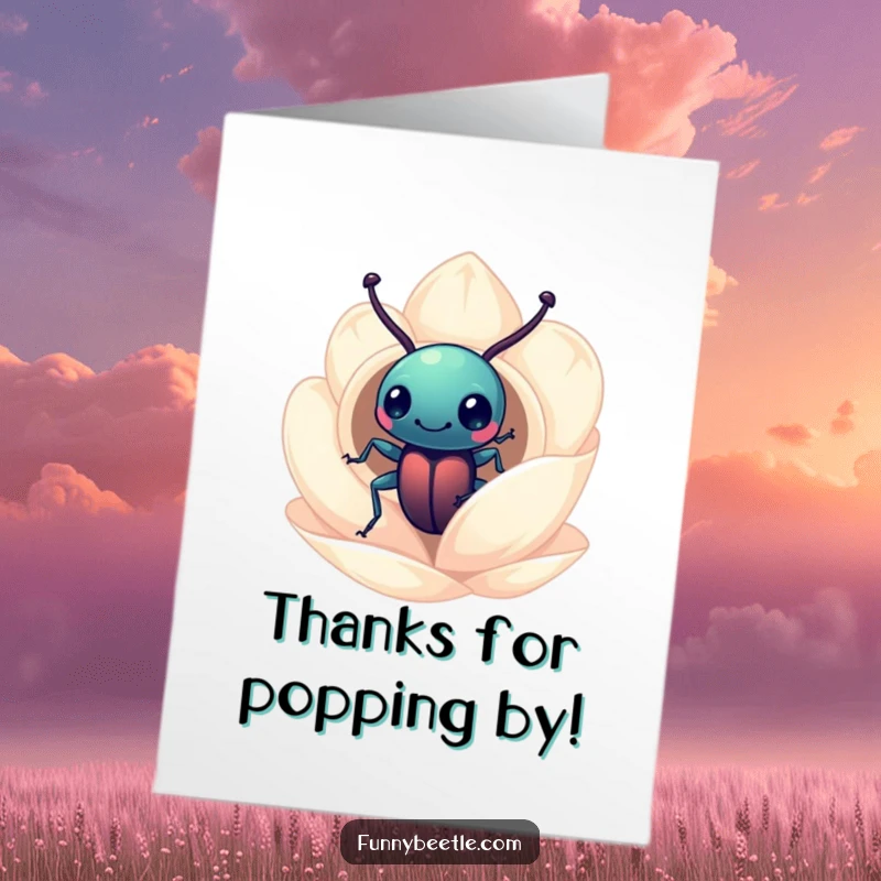 Funny Free Printable Thank You Card: A curious beetle peeks into a tiny flower petal home, conveying thanks.