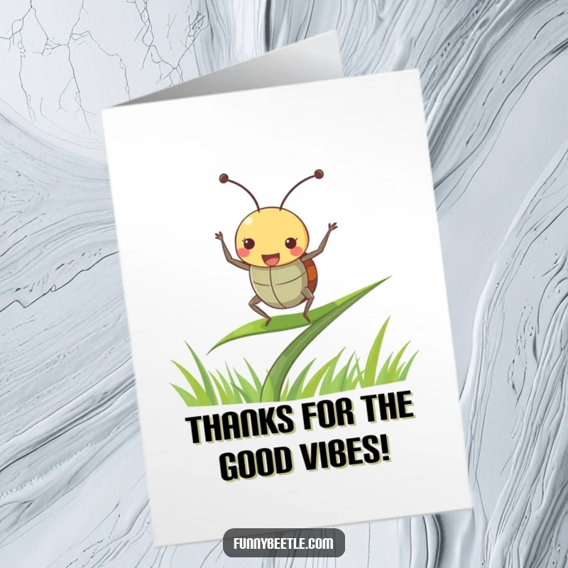 Funny Free Printable Thank You Card: A joyful beetle dancing on grass, antennae up, sending thanks.