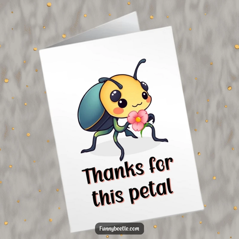 Funny Free Printable Thank You Card featuring a busy beetle carrying a small, bright flower petal.