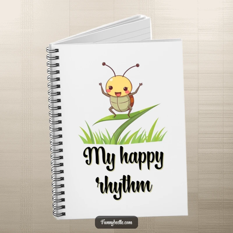 Funny beetle notebook cover with a joyful beetle dancing with antennae perked up on a blade of grass, perfect for notes and creative expression.