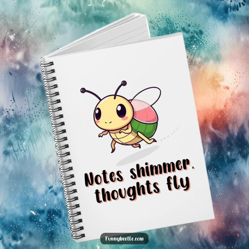 Funny notebook featuring a speedy beetle with a sparkly trail, designed for capturing quick thoughts and bright ideas with a humorous touch.
