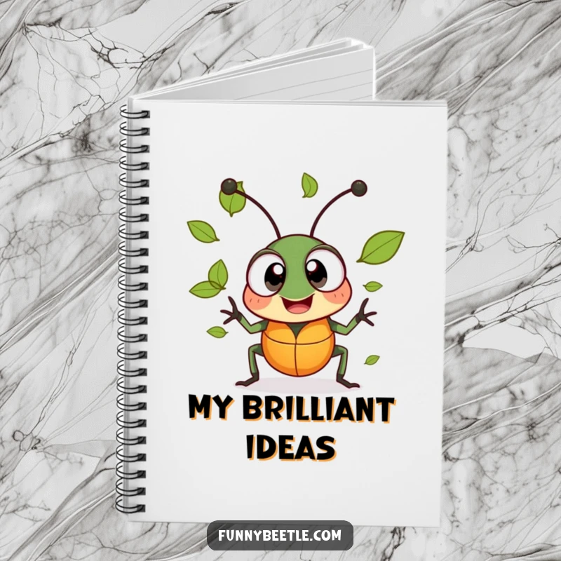 Funny notebook with a cheerful beetle, large excited eyes, juggling tiny leaves, ready for your nature-inspired ideas.