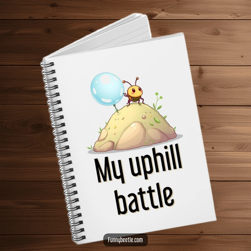 Funny beetle notebook cover illustrating a happy beetle pushing a giant dewdrop uphill, ideal for notes and planning with humor.