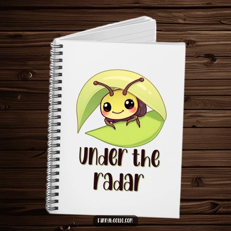 Funny notebook with a curious beetle peeking from under a leaf, perfect for jotting down notes with a touch of playful mystery.