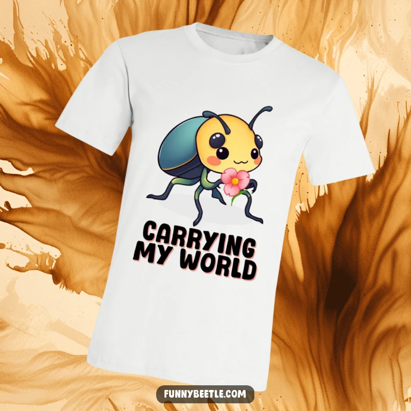 Funny T-Shirt: A busy beetle carrying a small, vibrant flower petal, illustrating a strong work ethic and a cheerful pursuit of beauty.