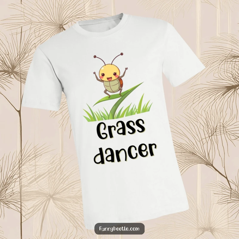 Funny beetle t-shirt of a joyful beetle dancing with antennae perked up on a blade of grass, radiating fun and energy.
