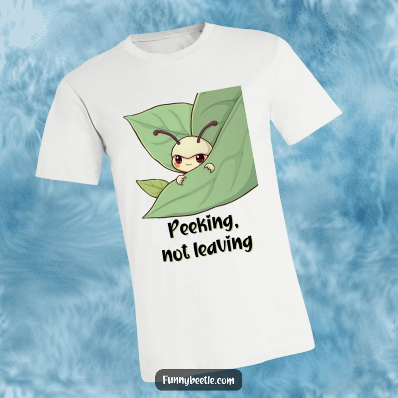 Funny t-shirt depicting a shy beetle character peeking from behind a leaf, representing a humorous take on introversion and quiet observation.