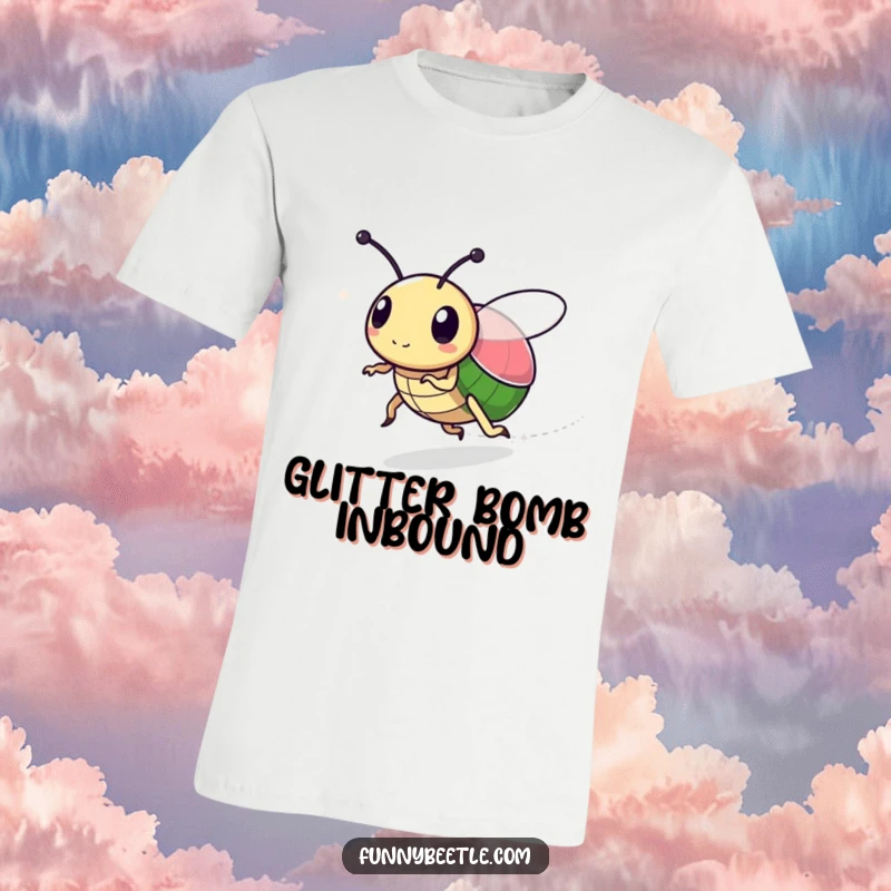 Funny t-shirt depicting a speedy beetle character leaving a faint, sparkly trail, representing quick, graceful movement with a humorous touch.