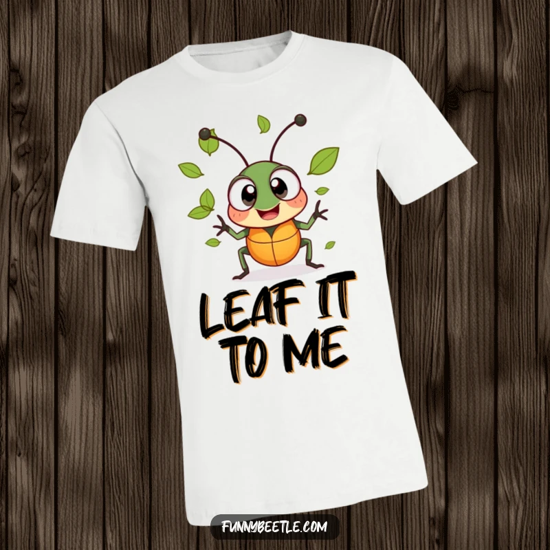 Funny t-shirt with a cheerful beetle, large excited eyes, juggling tiny leaves, embodying playful determination and nature's joy.