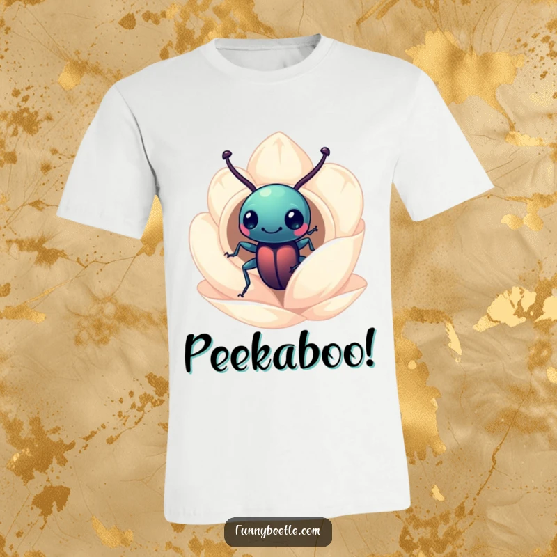 Funny beetle t-shirt of a curious beetle peering into a miniature flower petal home, highlighting exploration and gentle amusement.