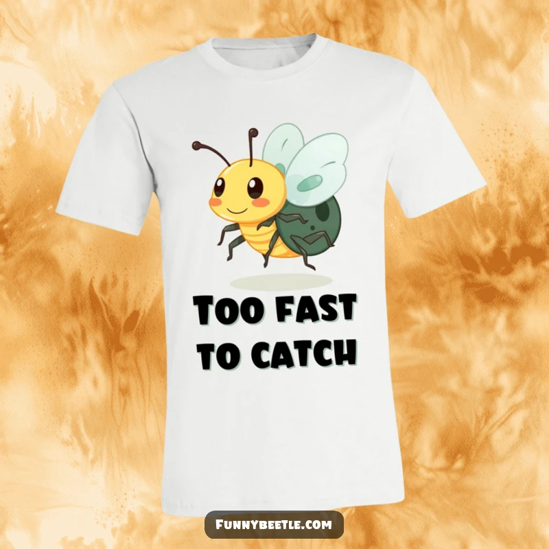 Funny t-shirt depicting a buzzing beetle character with legs a blur, illustrating a humorous representation of extreme speed and activity.