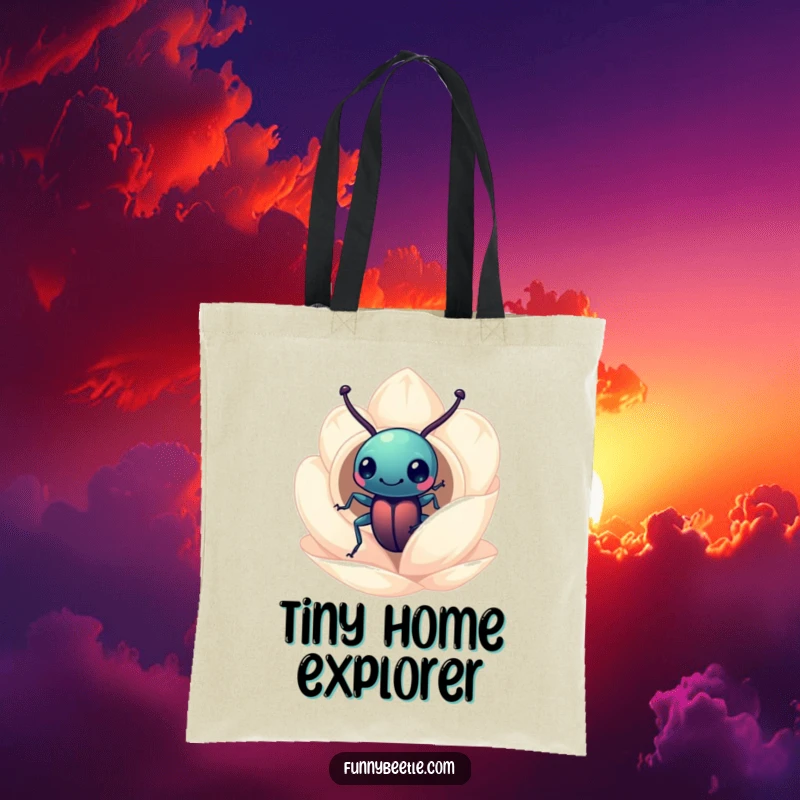 Funny beetle tote bag featuring a curious beetle peering into a miniature flower petal home, ideal for carrying items with a touch of whimsy.