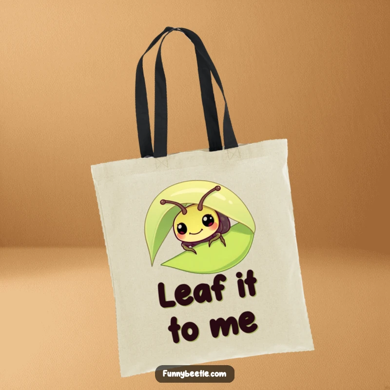 Funny tote bag showcasing a curious little beetle emerging from beneath a big leaf, ideal for carrying daily items with a humorous touch.