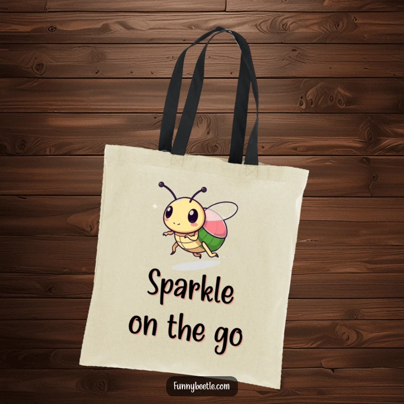 Funny tote bag featuring a speedy beetle leaving a sparkly trail, symbolizing a magical journey and a humorous, bright personality.
